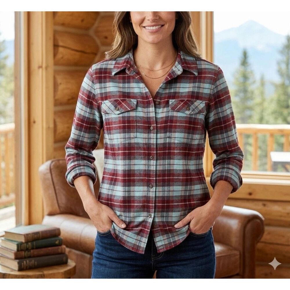 LL Bean Shirt Womens Sz Large Whisper Lodge Flannel Plaid Gorp hiking outdoors